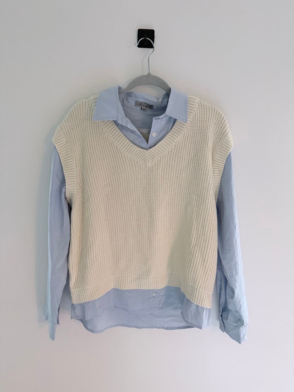 Wishlist Apparel Cream Blue Sweater Vest Long Sleeve Button Down Shirt-Size M